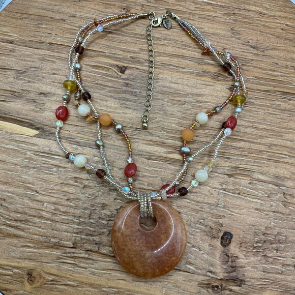 Lia Sophia Pumpkin Spice Multi Strand Beaded Round Aventurine Stone Necklace - Picture 2 of 6